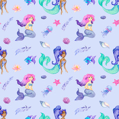 hand drawn watercolor pattern with mermaids on a blue          background