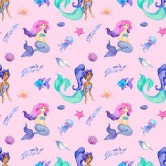 hand drawn watercolor pattern with mermaids on a pink background