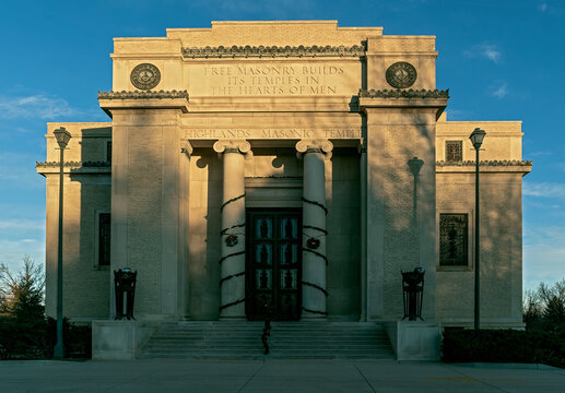 View of the Highlands Masonic Temple in Denver, Colorado, at sunset. Highlands Masonic Lodge was designed by brothers Merrill and Burnham Hoyt in 1927