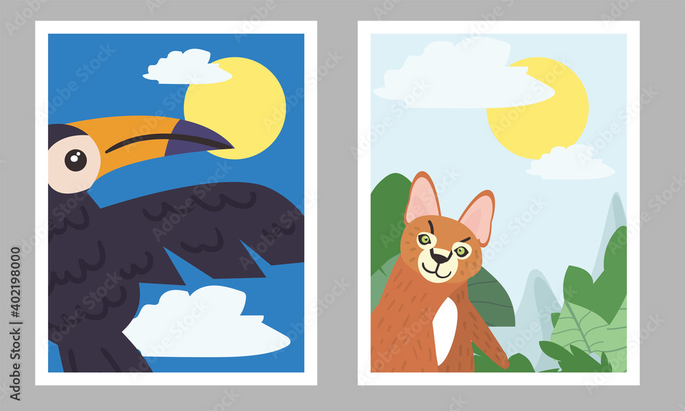 Poster toucan bird and cat in landscape frames vector design