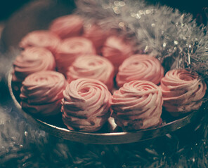Homemade gentle  raspberry and berry marshmallows, homemade healthy tasty sweets. Natural candy. Soft focus, vintage bokeh.