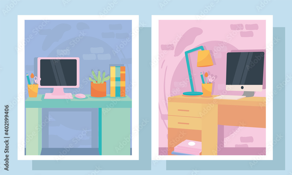 Aufkleber workplaces symbol set in frames vector design