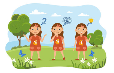 Obraz na płótnie Canvas Three young girls standing in a row thinking in a park gesturing with different expressions and thought icons, colored cartoon vector illustration with fictional character
