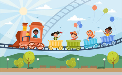 Young children enjoying a fairground ride in the colorful carriages of an elevated train with engine, colored cartoon vector illustration