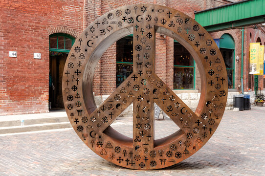 Toronto, Ontario, Canada - June 6, 2018: Peace and love symbol in  Distillery District, Toronto, Ontario, Canda