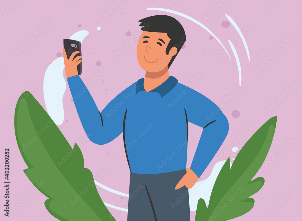 Poster man with smartphone and leaves vector design