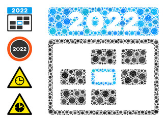 2022 calendar day virus mosaic icon. 2022 calendar day collage is created from randomized coronavirus icons. Bonus icons are added. Flat style.