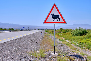 Road sign warning the driver about approaching a section of the road, where it is possible to enter the carriageway of large domestic animals and drive livestock