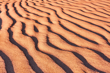 Harmonious lines of sand in the desert at sunset; bizarre wind patterns in the soft light of the setting sun