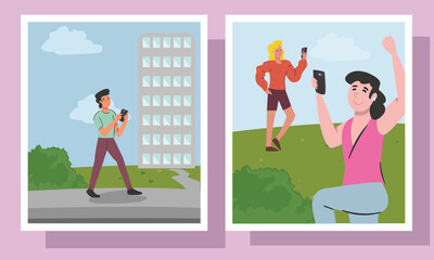 people with smartphone and building in frames vector design