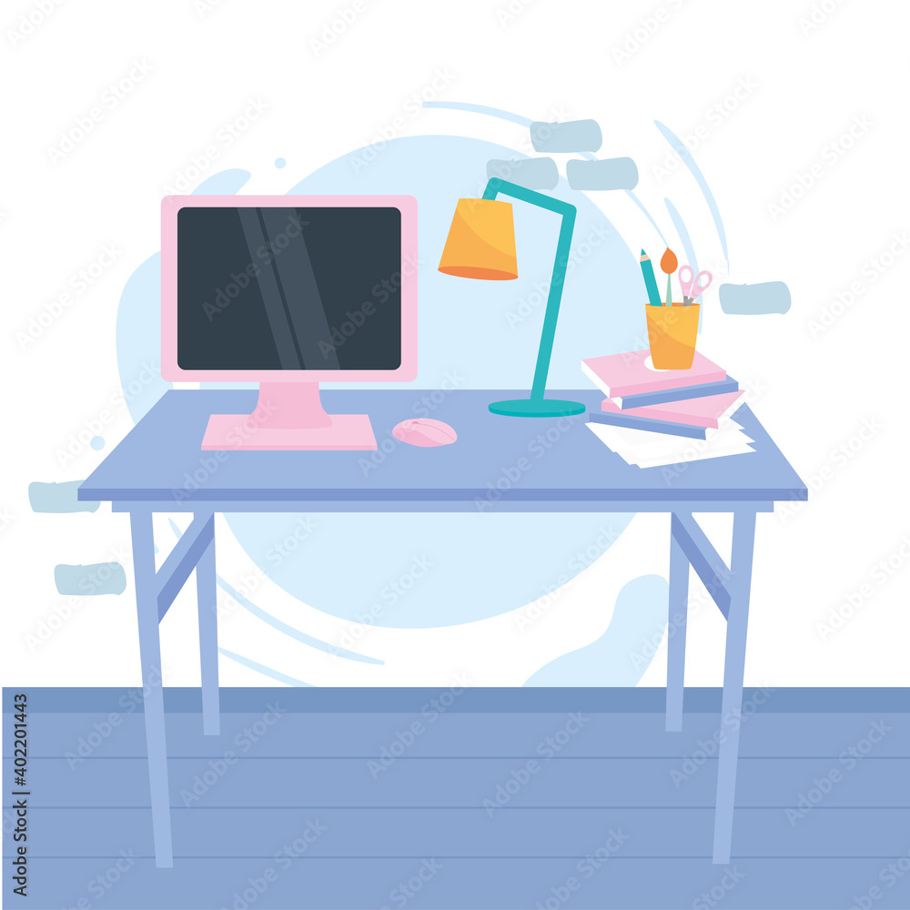 Poster workplace with desk computer and pencils vector design