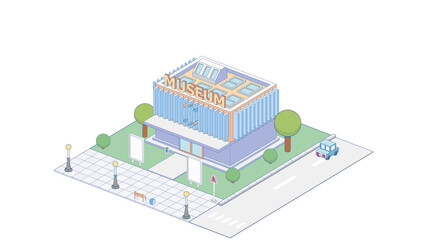 Vector isometric modern museum building with bench