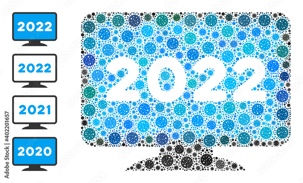 Poster 2022 display screen covid-2019 mosaic icon. 2022 display screen collage is done with randomized covi