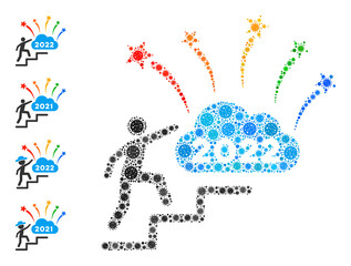 2022 fireworks cloud steps virus mosaic icon. 2022 fireworks cloud steps collage is organized from randomized infection icons. Bonus icons are added. Flat style.