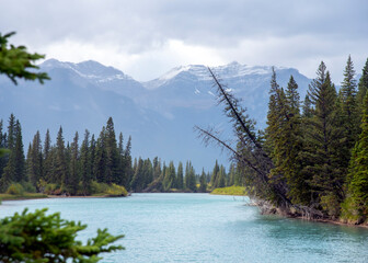 Bow River near Banff, Alberta, with Rocky Mountains