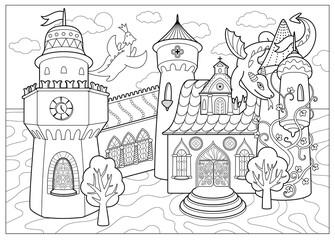 Antistress coloring book magic castle with dragons. Fantasy vector illustration on a fairy-tale theme.