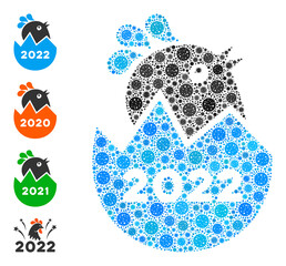 2022 hatch chick bacteria mosaic icon. 2022 hatch chick collage is composed of scattered covid icons. Bonus icons are added. Flat style.
