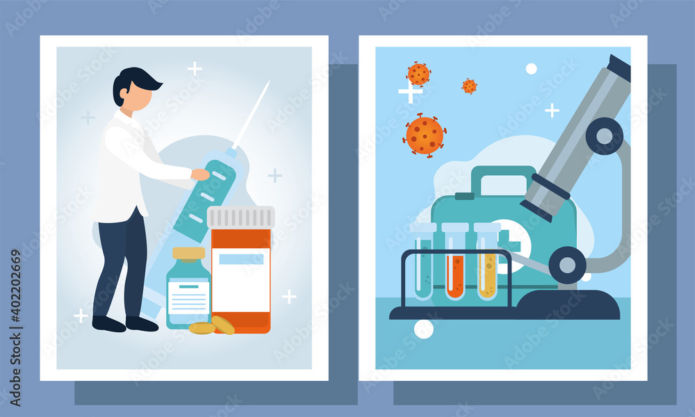 Poster covid 19 virus vaccine symbol set in frames vector design