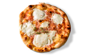 Pizza with tomato sauce, melted mozzarella and a sprig of oregano. Isolated on white background in top view