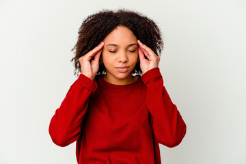 Young african american mixed race woman isolated touching temples and having headache.