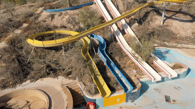 Closed Abandoned water park Aerial view, Dead sea, Israel
apocalyptic Vision From Israel Closeed for 20 years water park, Drone view 
