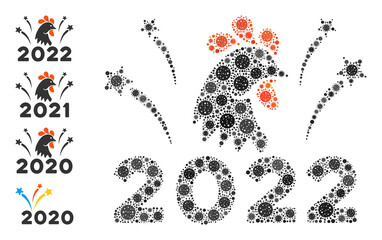 2022 rooster fireworks bacteria mosaic icon. 2022 rooster fireworks collage is created with randomized bacteria elements. Bonus pictograms are added. Flat style.