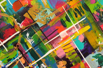 Fototapeta premium Colorful abstract expressionist acrylic painting resembles a park or playground with multiple shapes for backgrounds.