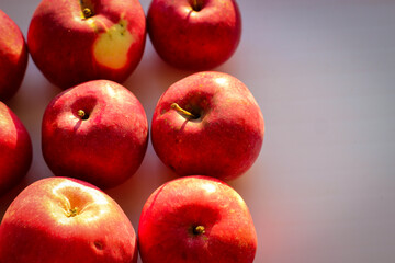 Several ripe red apples stand on a white background illuminated by rays of the sun