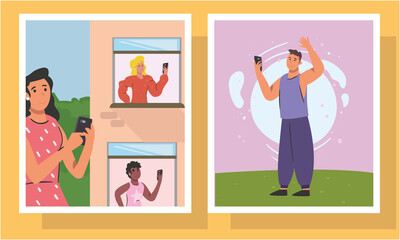people with smartphone at windows in frames vector design
