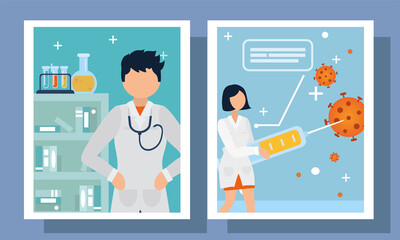 covid 19 virus vaccine set of icons in frames vector design