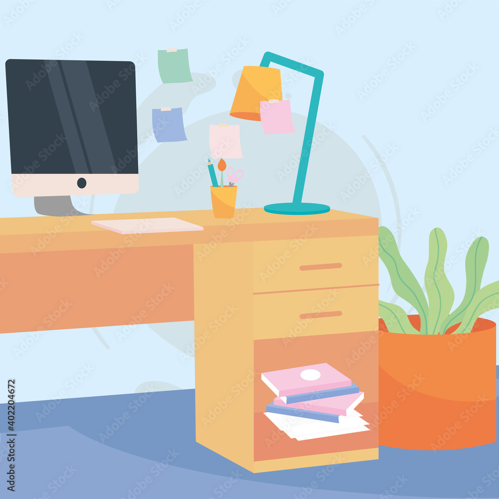 Poster workplace with desk and computer vector design