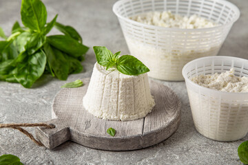 Homemade whey ricotta cheese or cottage cheese with basil ready to eat. Vegetarian healthy,...