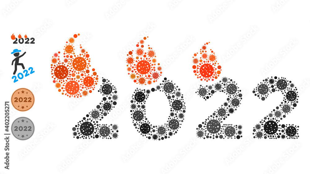 Poster fired 2022 year bacteria mosaic icon. fired 2022 year collage is constructed with randomized pathoge