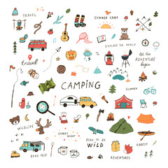 travel camping hand drawn vector illustrations set - obrazy, fototapety, plakaty