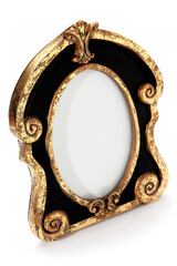 Boutique fancy photo frame. Vintage black art frame with gold decorations and oval image space...