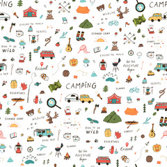 travel camping hand drawn vector seamless pattern - obrazy, fototapety, plakaty