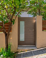 modern house front with metallic entrance door and lemon tree by the sidewalk