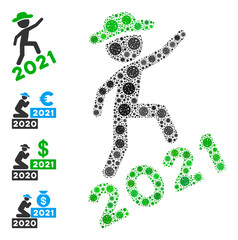 Gentleman climbing 2021 covid virus mosaic icon. Gentleman climbing 2021 collage is constructed from randomized bacteria pictograms. Bonus pictograms are added. Flat style.