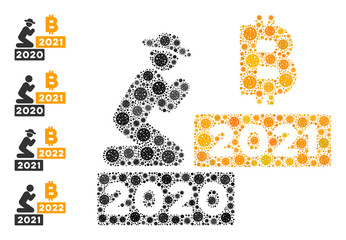 Gentleman pray bitcoin 2021 coronavirus mosaic icon. Gentleman pray bitcoin 2021 collage is shaped with scattered viral items. Bonus icons are added. Flat style.