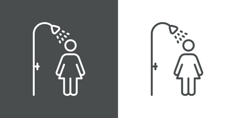 Aseo personal. Icono silueta mujer en la ducha con lineas en fondo gris y fondo blanco