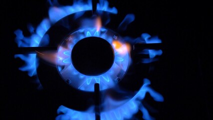 Gas Stove Turned On and Off with Blue Flames Fire in the Dark