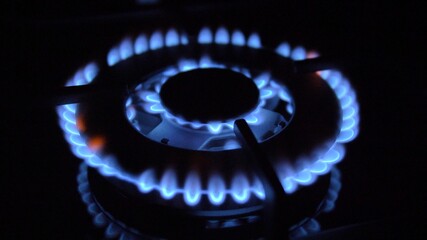 Gas Stove Turned On and Off with Blue Flames Fire in the Dark