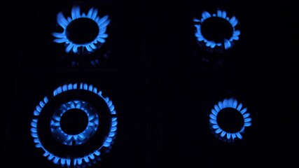 Gas Stove Turned On and Off with Blue Flames Fire in the Dark