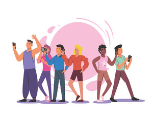 group of people with smartphones vector design