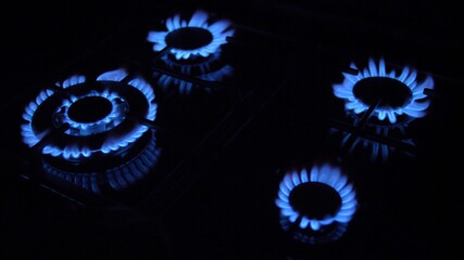 Gas Stove Turned On and Off with Blue Flames Fire in the Dark