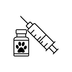 Vacuna. Asistencia sanitaria para mascotas. Logotipo zarpa de gato en bote con jeringuilla con lineas en color negro