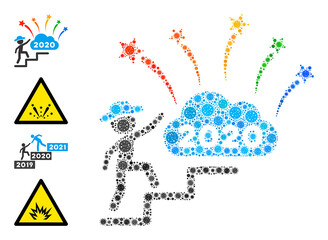 Gentleman steps to 2020 fireworks virus mosaic icon. Gentleman steps to 2020 fireworks collage is formed with random viral pictograms. Bonus pictograms are added. Flat style.