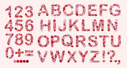 Love hand drawn English alphabet. Letters and numbers from hearts. Cartoon doodle style. Clipart isolated letters with heart decoration. Romantic alphabet for banners, invitations, Valentine s Day