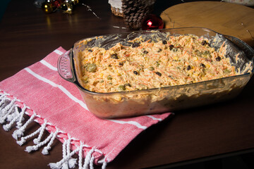 Chicken salad from Brazil also known as Salpicao, Christmas food. Brazilian christmas decoration.