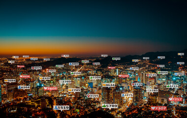 Social media and notification icons over a night view of Seoul, South Korea.